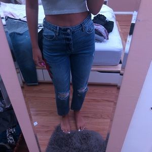 distressed mom jeans with rose patches